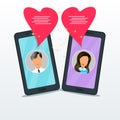 Online dating chat with two flat smartphones and bubble speeches in form of pink heart. Man and woman friendship, relationship