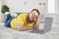 Online dating chat video chat call.Funny fat man in glasses of a fool with a laptop on a date online video call chat Royalty Free Stock Photo