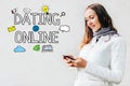 Online dating concept - girl on a white background with text and icons, smartphone Royalty Free Stock Photo