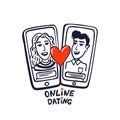 Online dating concept. happy couple on phone screens. Young man and woman searching for love with a Mobile phone Royalty Free Stock Photo