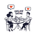 Online dating concept. Happy couple sitting in a cafe with laptops. Young man and woman searching for love with an