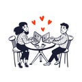 Online dating concept. Happy couple sitting in a cafe with laptops. Young man and woman searching for love with an