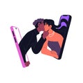 Online dating concept. Interracial couple kiss. People in relationship by phone, screen. Internet service for