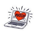 Online dating concept. Laptop with online dating application on the screen. Heart with match inscription on a computer Royalty Free Stock Photo