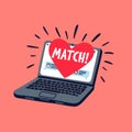 Online dating concept. Laptop with online dating application on the screen. Heart with match inscription on a computer Royalty Free Stock Photo