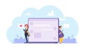 Online dating concept. Man and woman chatting online. Cartoon character people, laptop, chat