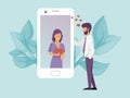 Online dating concept. Video call, virtual date vector illustration. Big phone with woman and man in love. Internet chat Royalty Free Stock Photo
