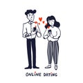 Online dating concept. Young man and woman searching for love with a Mobile phone application. Doodle style vector