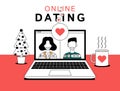 Online dating concept. Young people finding partners on dating website. Happy couple using computer for online video chat. Vector Royalty Free Stock Photo