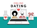 Online dating concept. Young people finding partners on dating website. Happy couple using computer for online video chat. Vector Royalty Free Stock Photo