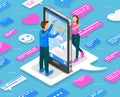 Online dating isometric concept. Teenagers chat through smartphone. Vector