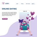 Online dating landing page design vector illustration with romantic couple modern technology style on mobile phone futuristic