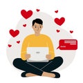 Online dating, love, romance concept. Smiling man is sitting cross-legged with a laptop with flying hearts around