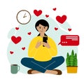 Online dating, love, romance concept. Smiling woman sitting cross-legged with a mobile phone with hearts.