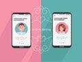 Online dating man and woman app icons on phone screen. Internet connection between couple and their smartphones. Profiles of a guy