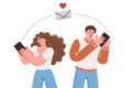 Online dating through mobile application on phones of man and woman chatting and flirting via sms