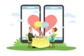 Online dating, mobile application for remote communication. Huge smartphones with heart sign on screen, man and woman