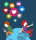 Online Dating. People in a loving virtual. couple in the world of mobile phones. Icons hearts set. Flat design.