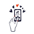 Online dating service. hand swiping photos of men on the phone screen. Mobile phone application. Doodle style vector Royalty Free Stock Photo