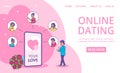 Online dating vector illustration, man chooses woman web page internet site banner.