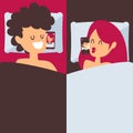 Online dating vector illustration. Man and woman cartoon characters in bed with smartphones. Boyfriend and girlfriend in Royalty Free Stock Photo