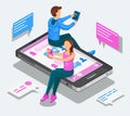 Online dating and virtual relationships isometric concept. Teenagers are chatting sitting on a smartphone.
