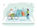 Online delivery app concept vector illustration, flat man bicycle courier character delivering box to tiny cartoon woman