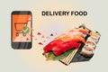 Online delivery of Asian food. Vector illustration of polygons of rolls and sushi with an order via smartphone or laptop Royalty Free Stock Photo