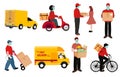 Online delivery contactless service to home,office by bicycle,motorcycle,truck. delivery man is waring mark to prevent coronavirus