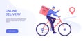 Online delivery and courier service concept. Delivery man riding bicycle to deliver packages to destination in time. Logistics.