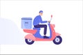 Online delivery and courier service concept. Delivery man riding scooter or moped to deliver packages or food to destination.