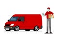 Online Delivery man holding a smart tablet with goods & parcel in front of a van ready for going to fast express deliver food or p