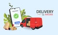 Online delivery phone concept. Fast respond delivery package shipping on mobile. Online order tracking with map. Vector