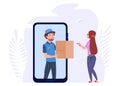 Online delivery. Post man with box, woman and parcel. Mobile app, logistic service vector concept