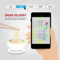 Online Delivery Service Concept Cartoon Vector illustration. Hand holding mobile smart phone open app for Online food order infogr
