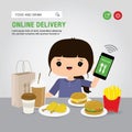 Online Delivery Service Concept Cartoon Vector illustration. Hand holding mobile smart phone open app for Online food order infogr