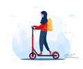 Online delivery service concept home and office. Scooter with fast arab woman courier. Shipping restaurant food, mail Royalty Free Stock Photo