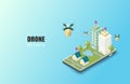 Online delivery service concept. isometric. Mobile order tracking. Delivery drones to destination. Online city logistics. Delivery