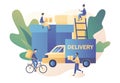 Online delivery service concept. Order tracking. Tiny people are couriers and customers. Courier on bike and delivery