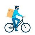 Online delivery service, delivery home. Bicycle courier with box goods, delivery man in respiratory mask. Vector illustration