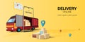 Online delivery service on mobile, Global logistic, Online order. City logistics. Truck,vwarehouse and parcel box