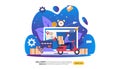 Online Delivery service. order express tracking concept with tiny character and cargo box truck. template for web landing page, Royalty Free Stock Photo