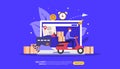 Online Delivery service. order express tracking concept with tiny character and cargo box truck. template for web landing page, Royalty Free Stock Photo