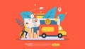 Online Delivery service. order express tracking concept with tiny character and cargo box truck. template for web landing page, Royalty Free Stock Photo