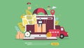 Online Delivery service. order express tracking concept with tiny character and cargo box truck. template for web landing page, Royalty Free Stock Photo