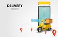 Online delivery service by scooter. Shopping website on a mobile. Food order concept. Web Banner, app template. Vector