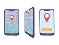 Online delivery service, smartphone location navigation map pointer, fast and free transport, order shipping, app