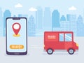 Online delivery service, smartphone navigation pointer truck city, fast and free transport, order shipping, app website