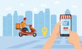 Online delivery service, tracking online tracker. A hand holds a smartphone, buys goods in an online store online, a Royalty Free Stock Photo