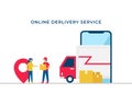 Online delivery service vector illustration concept design. Courier man bring the shipment box to costumer with delivery truck